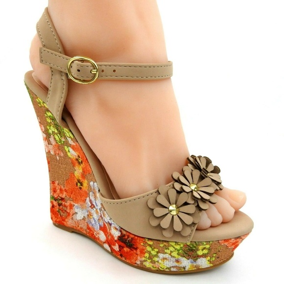 Bamboo Floral High Heel Platform Wedge Sandal - Picture 8 of 8